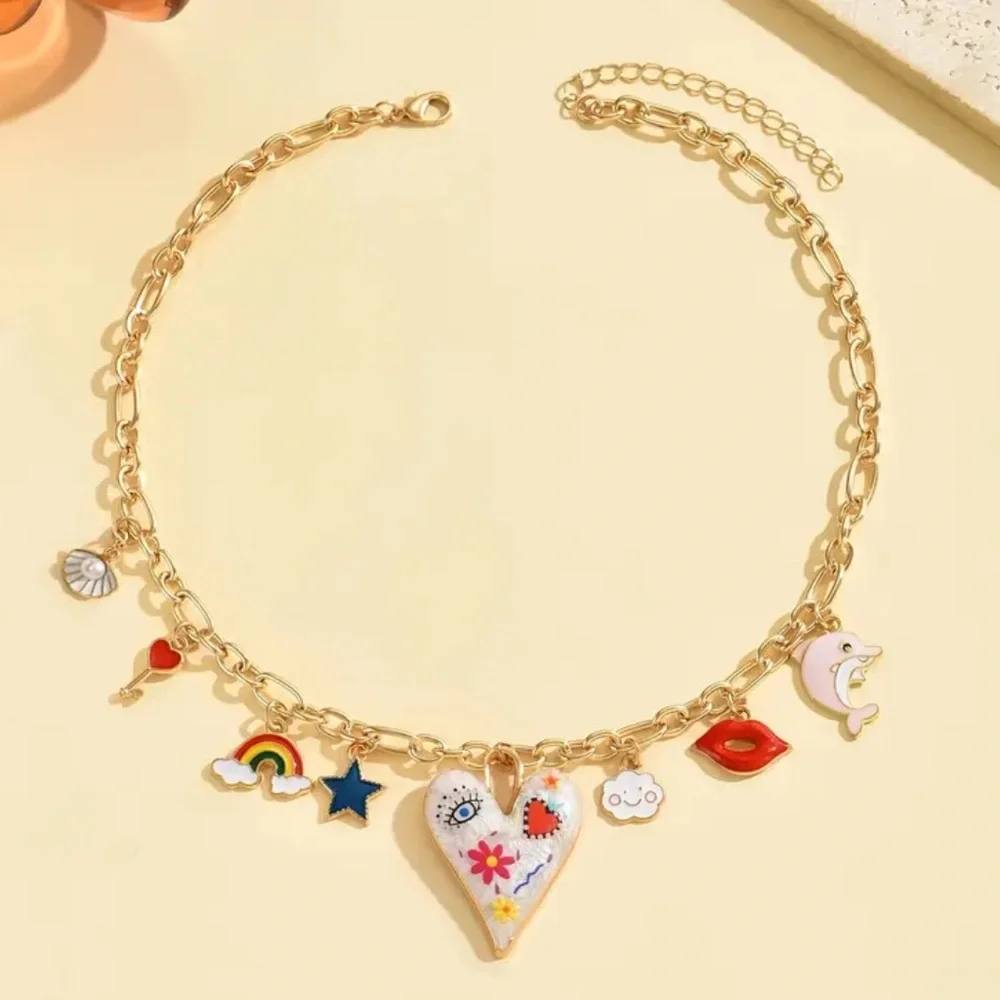 NEW Gold Charm Necklace with Colorful Accents